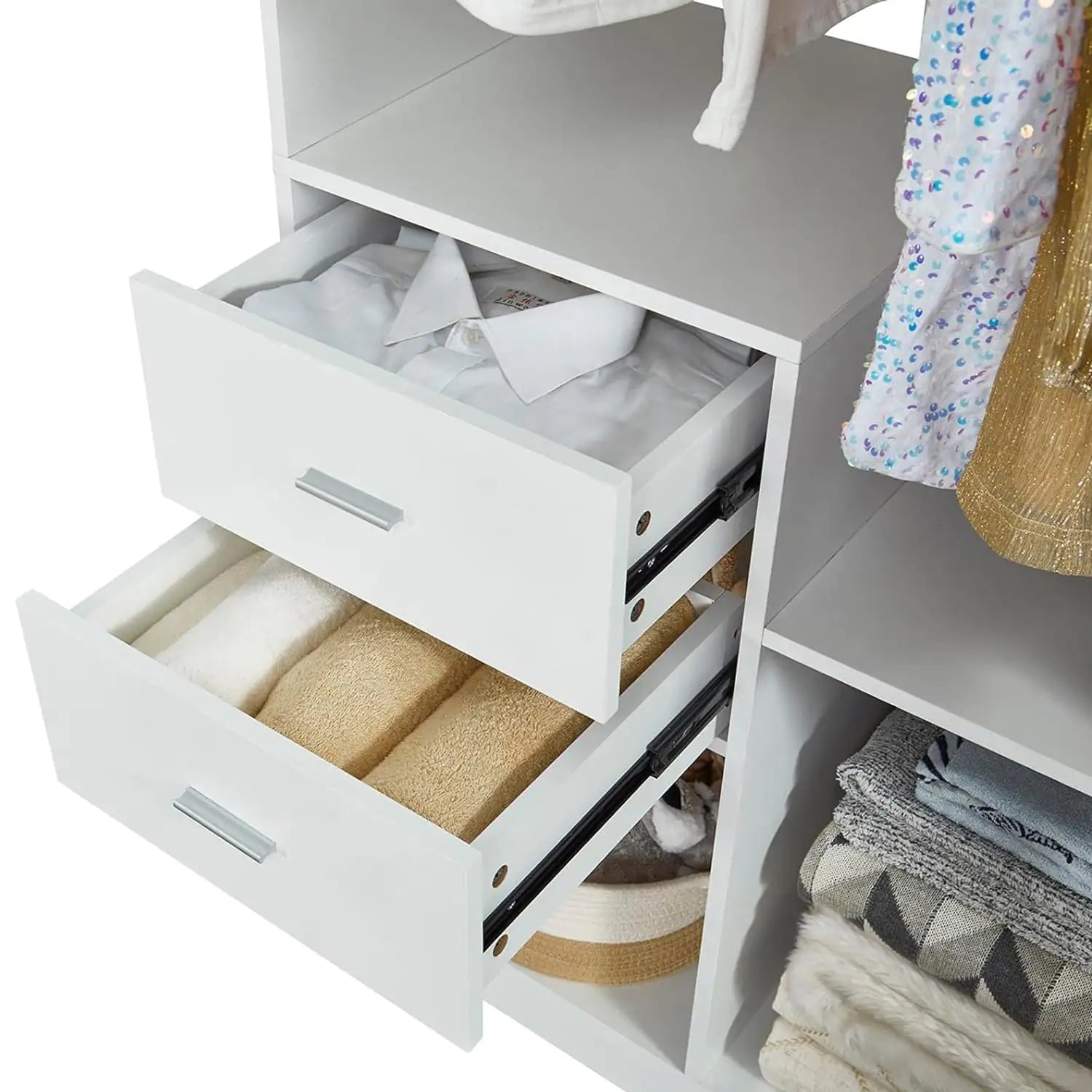 302 Freestanding Closet System 71"H Closet System with Drawers, Wooden Wardrobe Closet Organizer System with Closet Drawers, clothes organizer Clothing Racks for Hanging Clothes with Closet Shelves Wall Mounted, White Pi-Mart