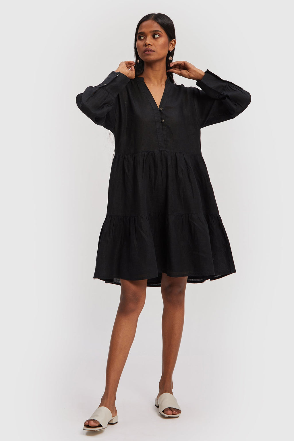 V-neck Tiered Dress in Black Purplish Diva