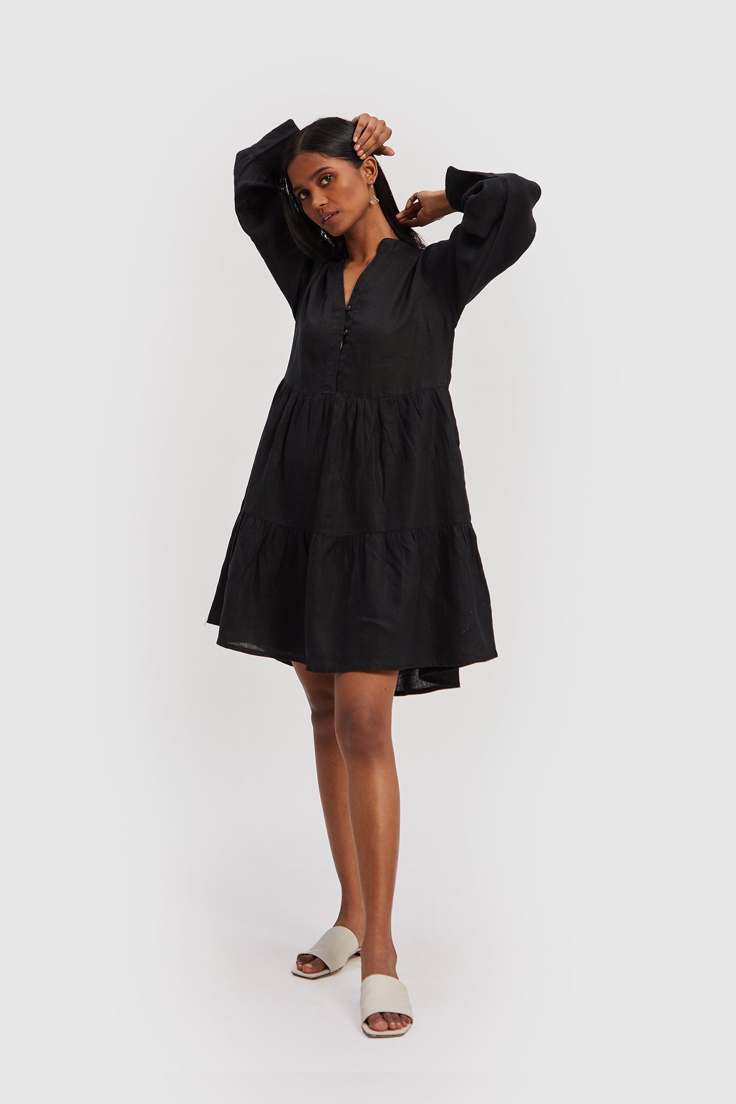 V-neck Tiered Dress in Black Purplish Diva