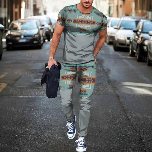 Men's Summer Tracksuit Stripe Print T-shirt Trousers Set Pi-Mart