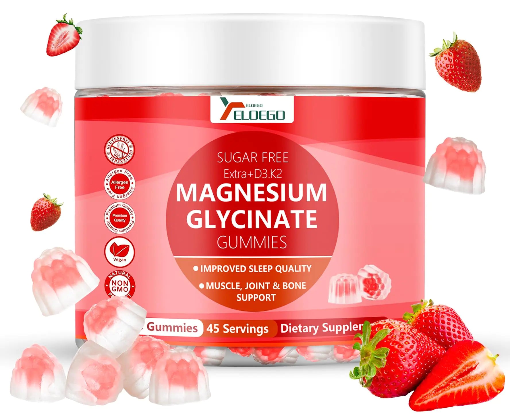 Magnesium Gummies 600mg per Serving-Magnesium Glycinate 400mg and Magnesium Malate 200mg Extra K2 & D3 High Absorption Magnesium Supplement for SleepStress Relief Nerve SupportStrawberry(90 CT) Pi-Mart