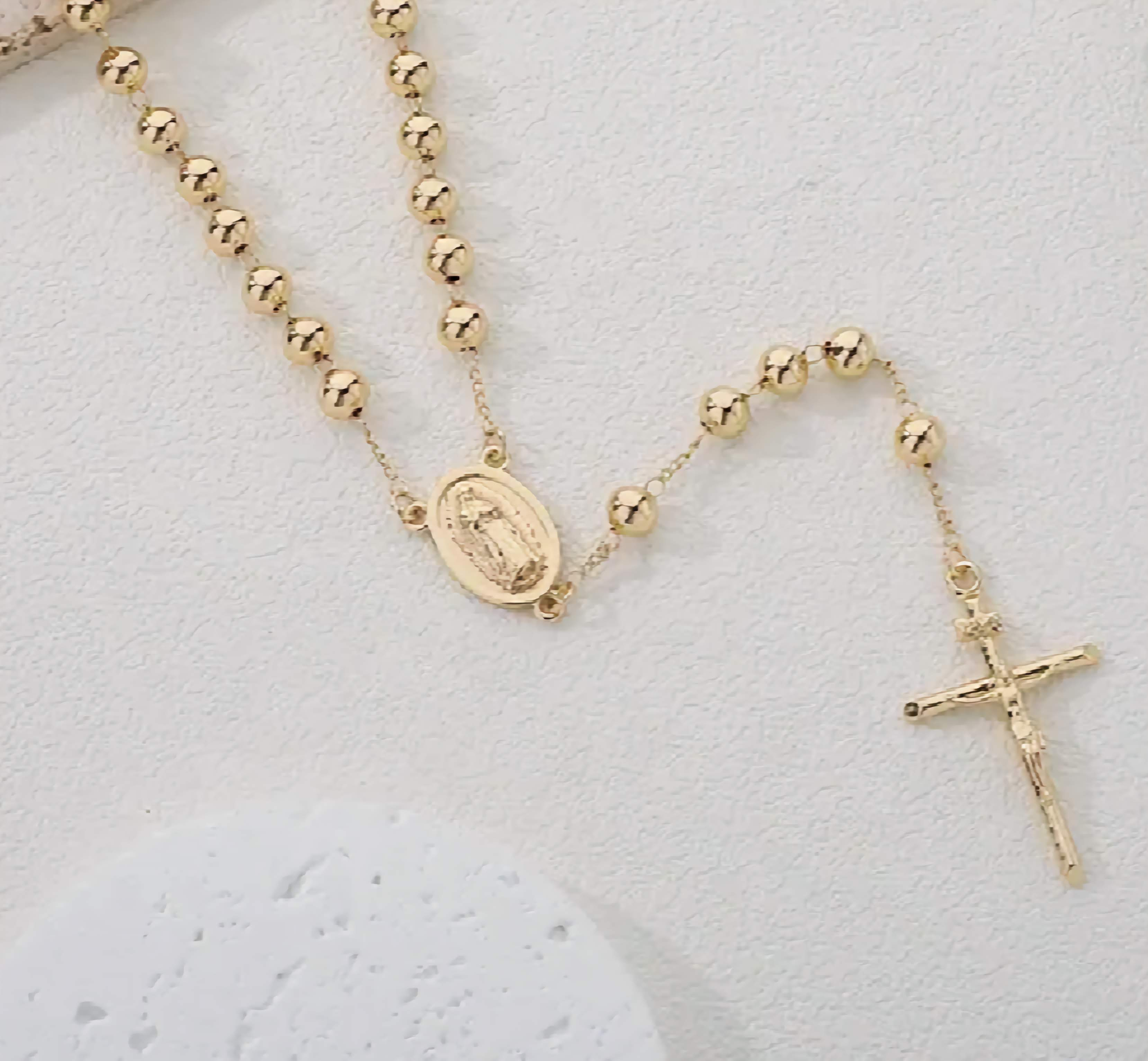 Catholic Rosary Pray Beads Necklace with Virgin Mary Medallion Cross Crucifix 14k Gold Plated Jewelry And Perfumes