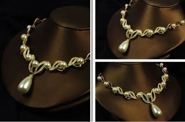 Crystal Rhinestone Pearl Necklace And Earrings Suite Pi-Mart