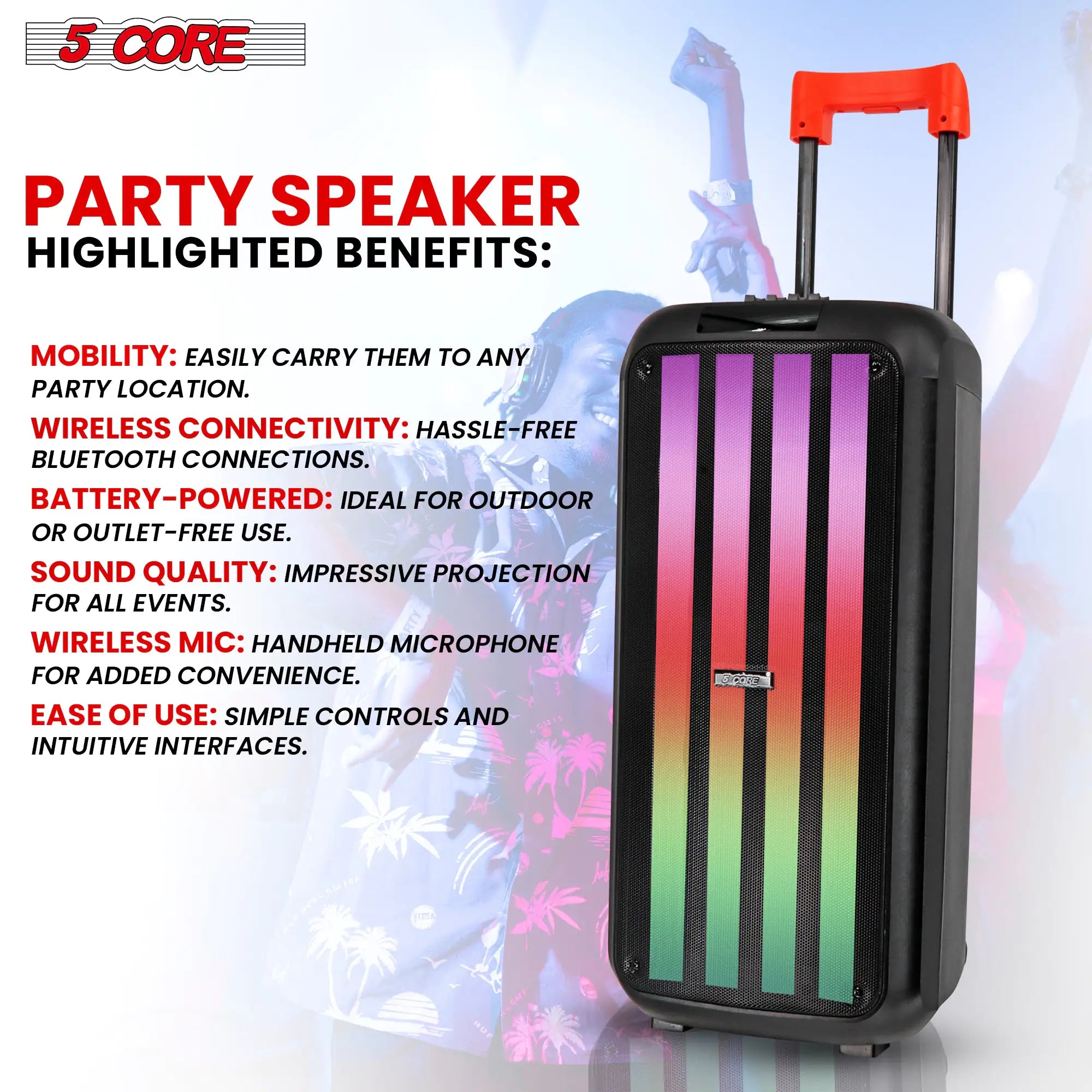 5Core Bluetooth Party Speaker 8 inch PA RGB Partybox Karaoke Machine + 2 Wireless Mic Pi-Mart