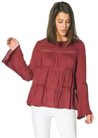 Bell Sleeve Tiered Blouse – Red Cordovan Polyester Women Top - SJB-DIAMOND ELITES