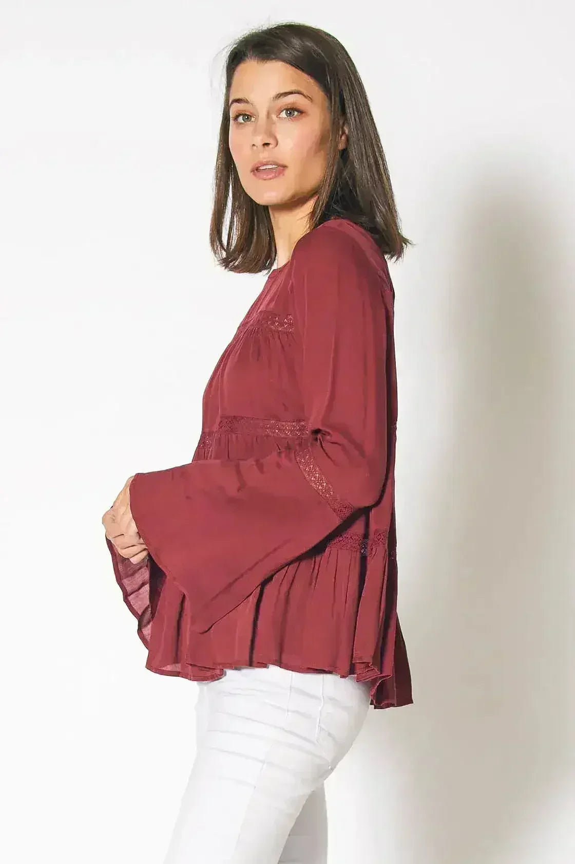 Bell Sleeve Tiered Blouse – Red Cordovan Polyester Women Top - SJB-DIAMOND ELITES