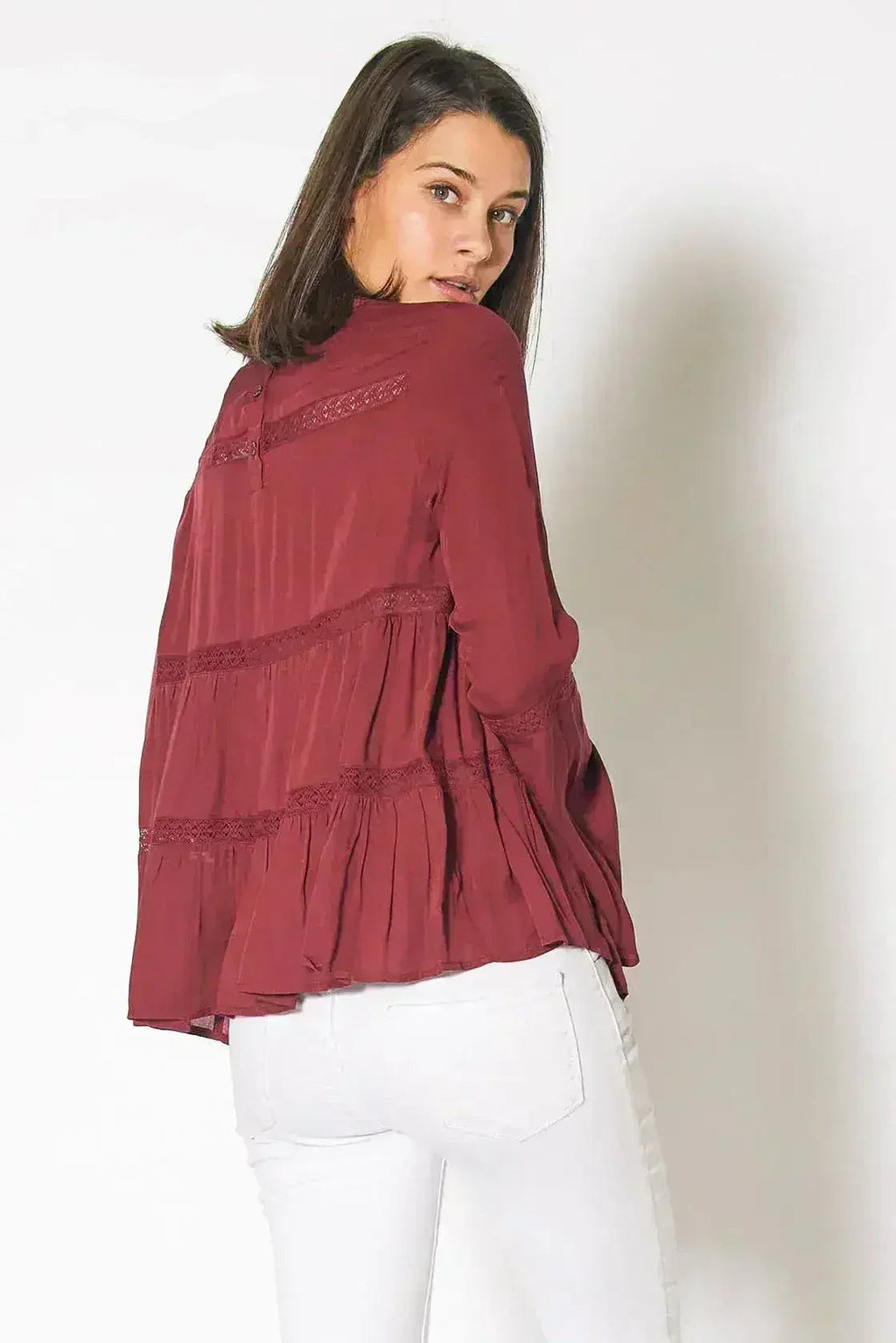 Bell Sleeve Tiered Blouse – Red Cordovan Polyester Women Top - SJB-DIAMOND ELITES