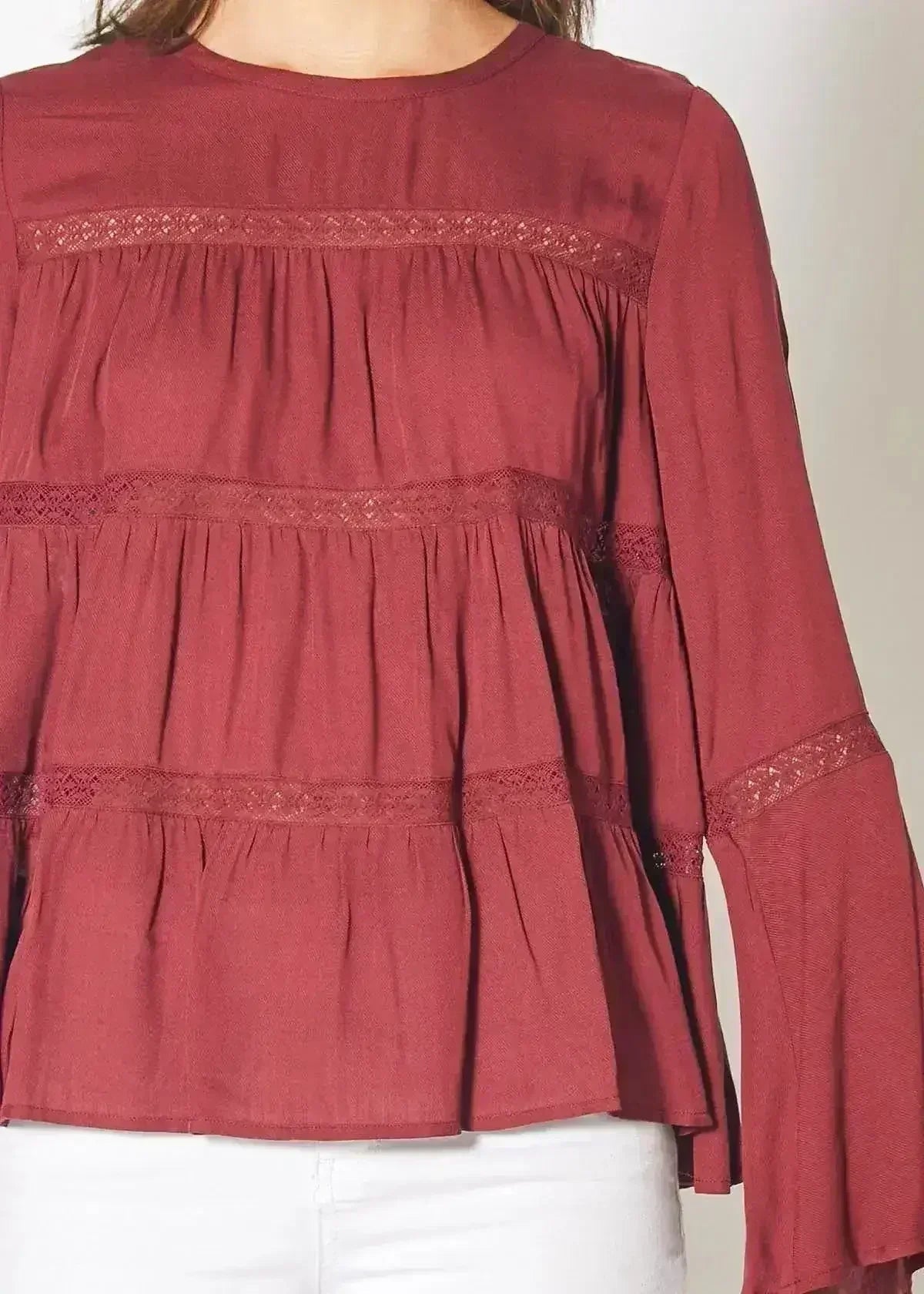 Bell Sleeve Tiered Blouse – Red Cordovan Polyester Women Top - SJB-DIAMOND ELITES