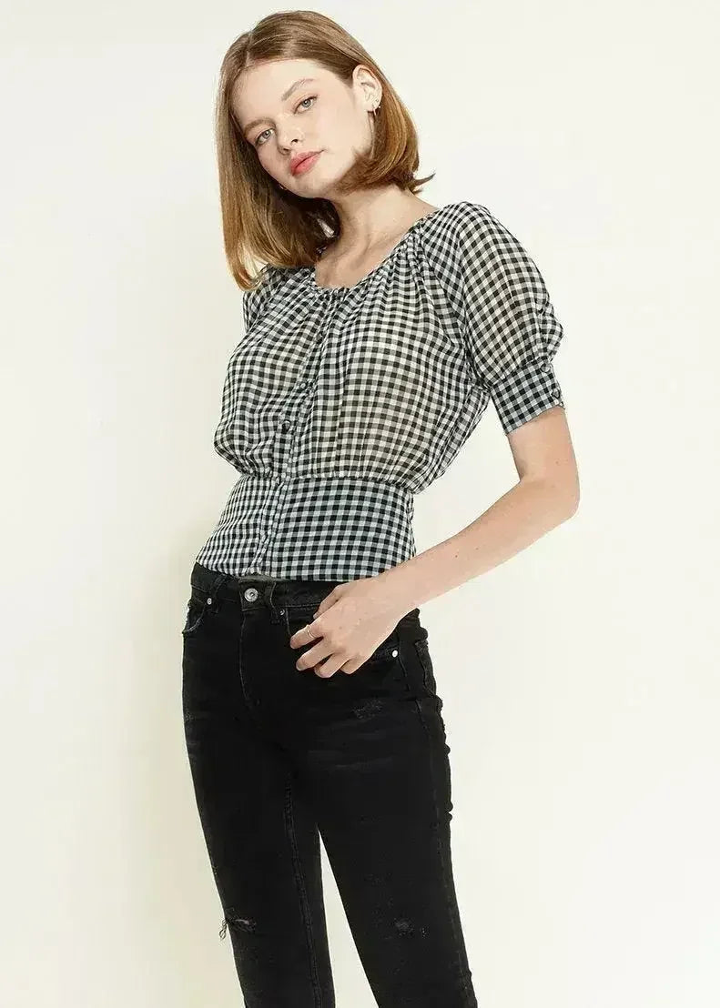 Button Down Peplum Cropped Blouse in Black | Femstylo - SJB-DIAMOND ELITES