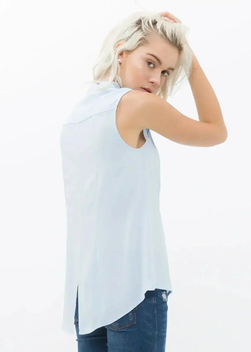 Women's Stand Collar Sleeveless Blouse In Cloud Blue | Femstylo - SJB-DIAMOND ELITES