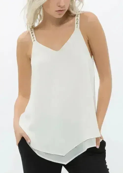 Embellished Chiffon Camisole Top In Cream - SJB-DIAMOND ELITES