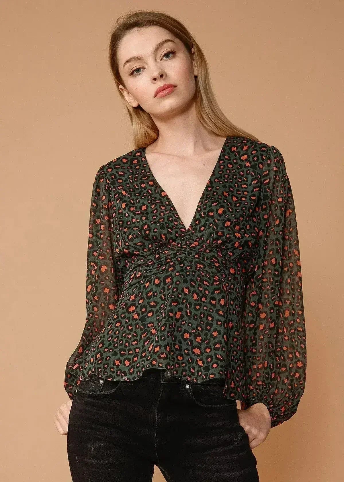 V-neck Puff Sleeve Blouse in Leopard Hunt | Femstylo - SJB-DIAMOND ELITES