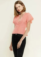 Women's Lace Trim Cape Sleeve Wrap Blouse in Coral | Femstylo - SJB-DIAMOND ELITES