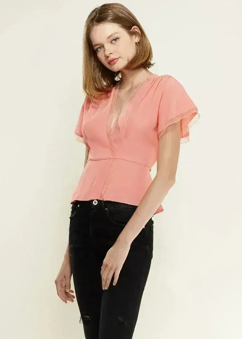 Women's Lace Trim Cape Sleeve Wrap Blouse in Coral | Femstylo - SJB-DIAMOND ELITES