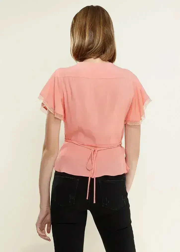 Women's Lace Trim Cape Sleeve Wrap Blouse in Coral | Femstylo - SJB-DIAMOND ELITES