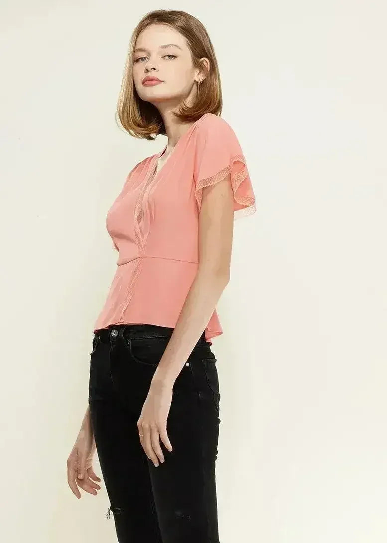 Women's Lace Trim Cape Sleeve Wrap Blouse in Coral | Femstylo - SJB-DIAMOND ELITES