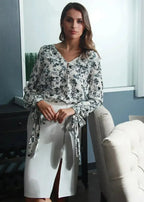 Ivory Floral V-neck Tie Cuff  In Garden Blouse | Femstylo - SJB-DIAMOND ELITES