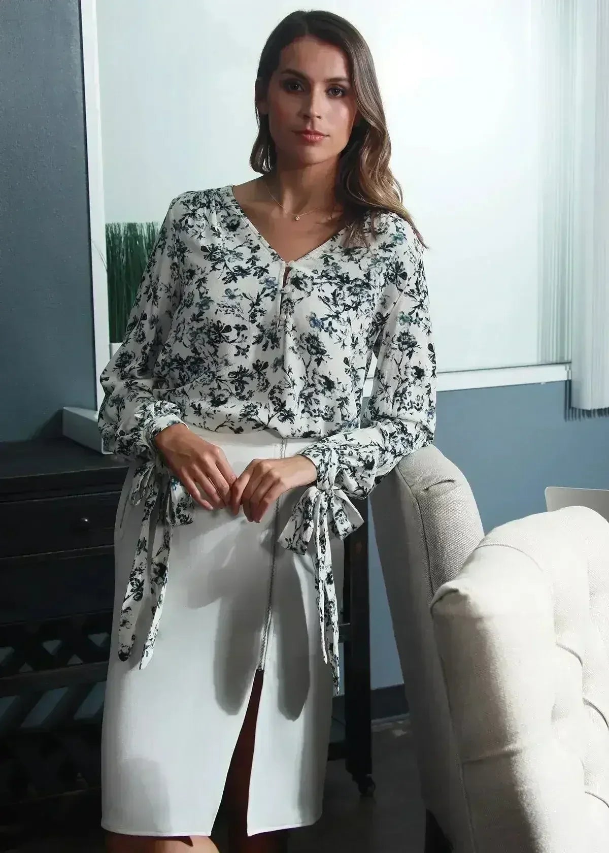 Ivory Floral V-neck Tie Cuff  In Garden Blouse | Femstylo - SJB-DIAMOND ELITES