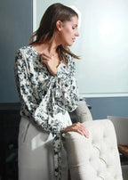 Ivory Floral V-neck Tie Cuff  In Garden Blouse | Femstylo - SJB-DIAMOND ELITES