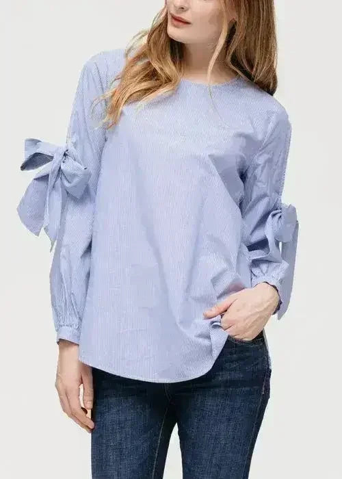 Women's Tie Sleeve Poplin Crewneck Blouse | Femstylo - SJB-DIAMOND ELITES