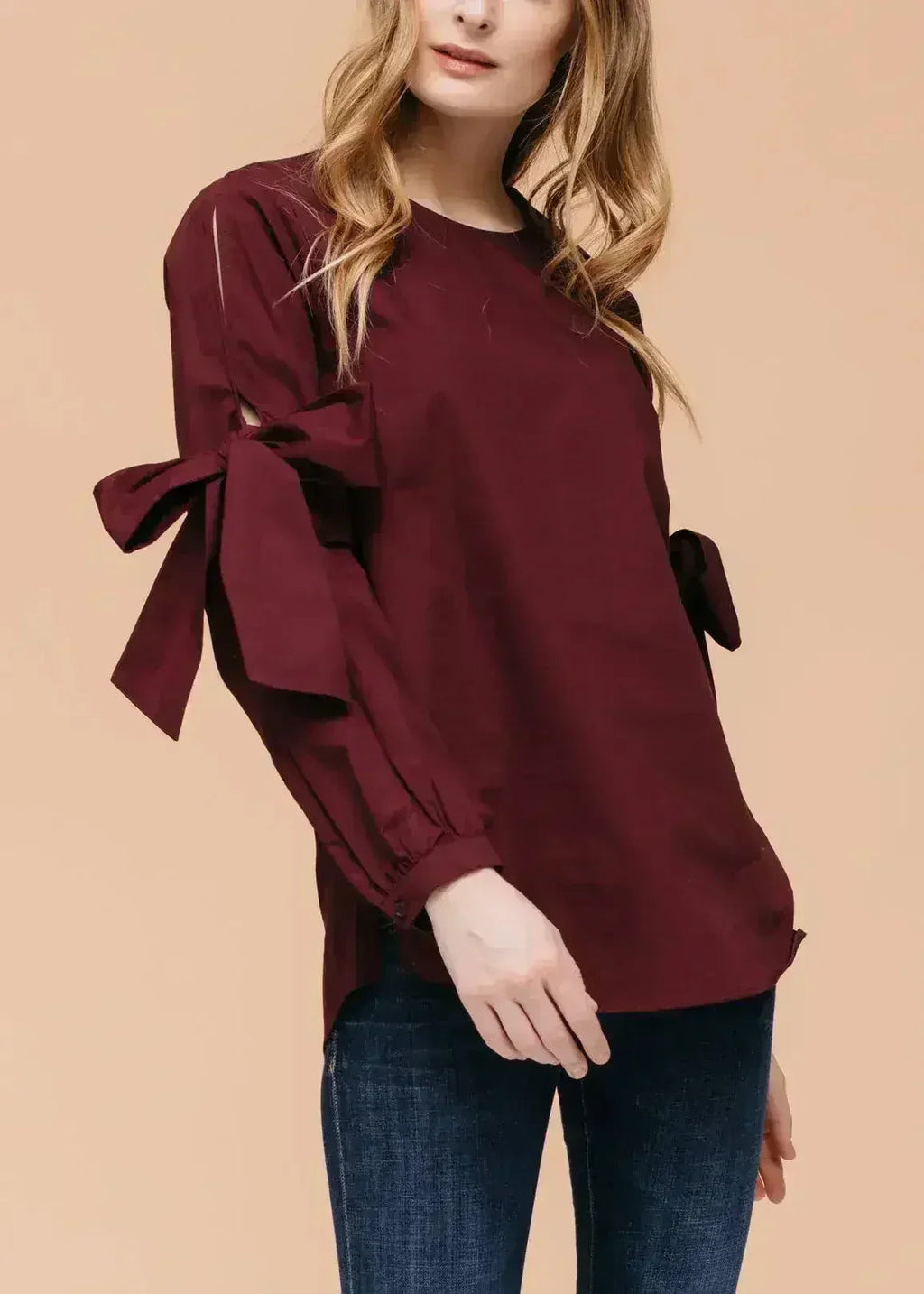 Women's Tie Sleeve Poplin Crewneck Blouse | Femstylo - SJB-DIAMOND ELITES