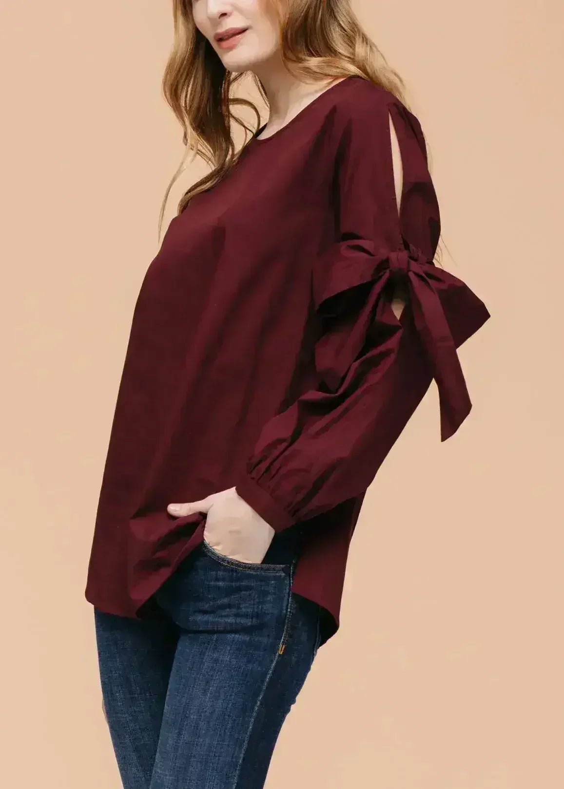 Women's Tie Sleeve Poplin Crewneck Blouse | Femstylo - SJB-DIAMOND ELITES