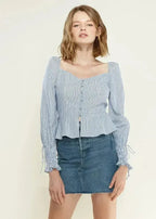 Smocked Cuff Button Front Peplum Blouse in Blue | Femstylo - SJB-DIAMOND ELITES