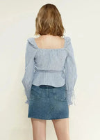 Smocked Cuff Button Front Peplum Blouse in Blue | Femstylo - SJB-DIAMOND ELITES