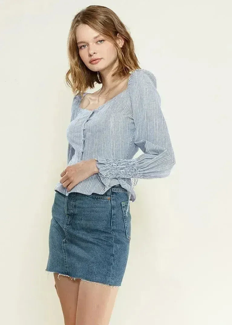 Smocked Cuff Button Front Peplum Blouse in Blue | Femstylo - SJB-DIAMOND ELITES