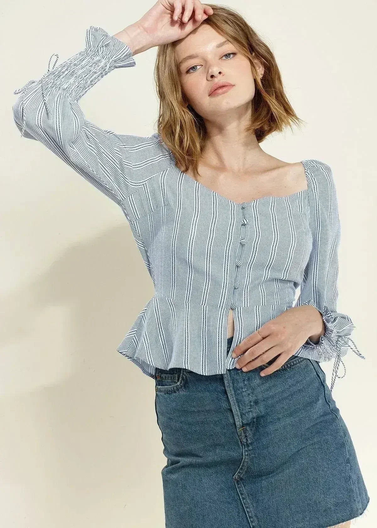 Smocked Cuff Button Front Peplum Blouse in Blue | Femstylo - SJB-DIAMOND ELITES