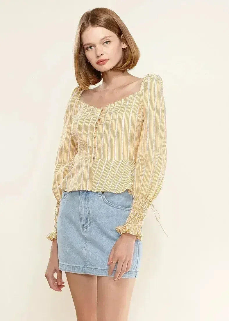 Smocked Cuff Button Front Peplum Blouse in Yellow | Femstylo - SJB-DIAMOND ELITES