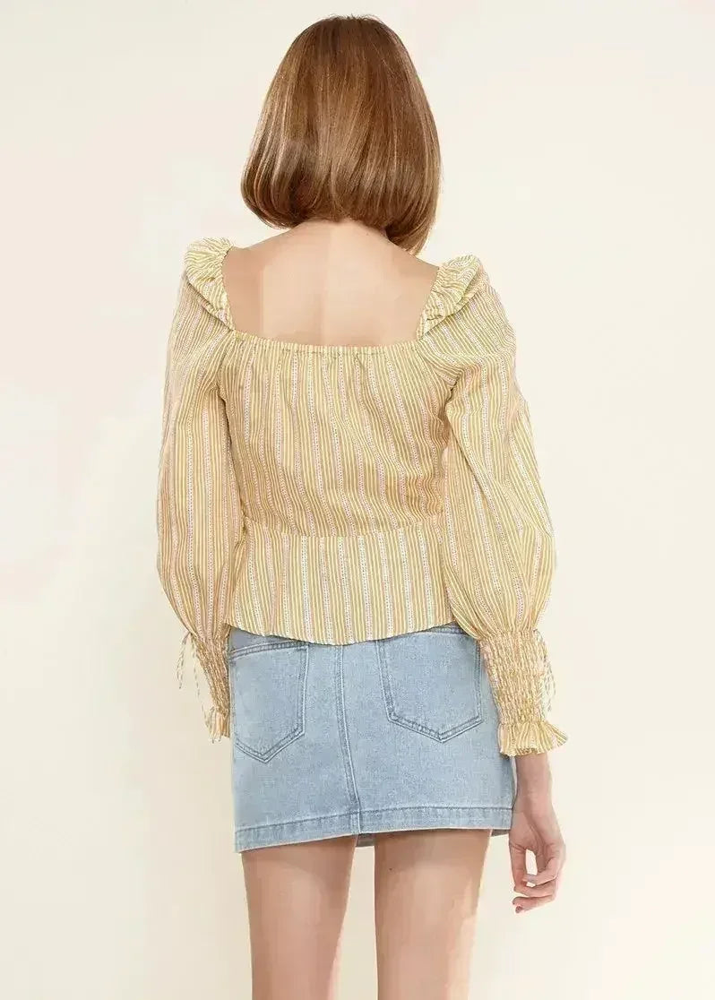 Smocked Cuff Button Front Peplum Blouse in Yellow | Femstylo - SJB-DIAMOND ELITES
