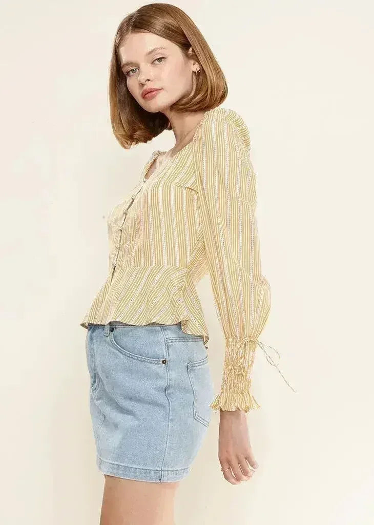 Smocked Cuff Button Front Peplum Blouse in Yellow | Femstylo - SJB-DIAMOND ELITES