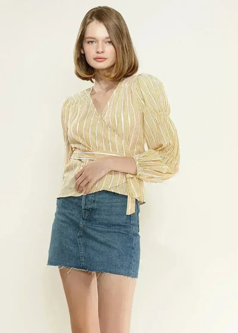 Smocked Sleeve Stripe Wrap V-Neck Blouse in Yellow | Femstylo - SJB-DIAMOND ELITES