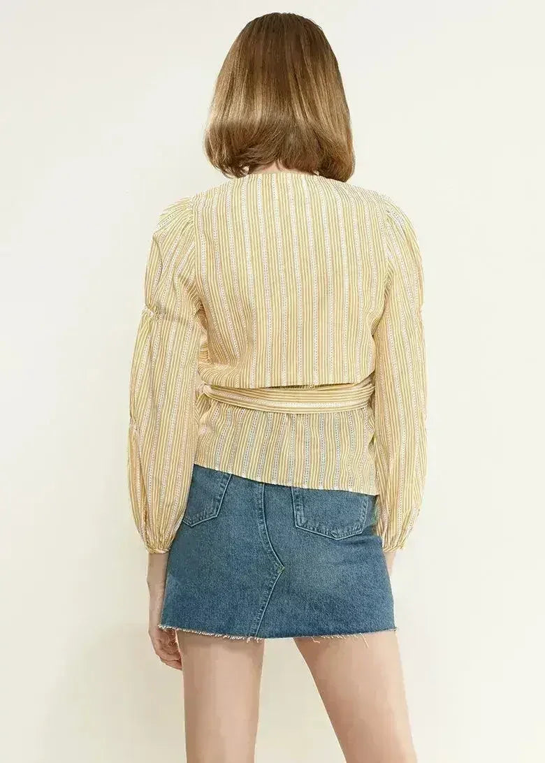 Smocked Sleeve Stripe Wrap V-Neck Blouse in Yellow | Femstylo - SJB-DIAMOND ELITES
