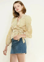 Smocked Sleeve Stripe Wrap V-Neck Blouse in Yellow | Femstylo - SJB-DIAMOND ELITES