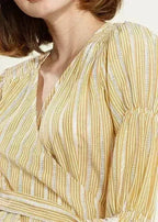 Smocked Sleeve Stripe Wrap V-Neck Blouse in Yellow | Femstylo - SJB-DIAMOND ELITES