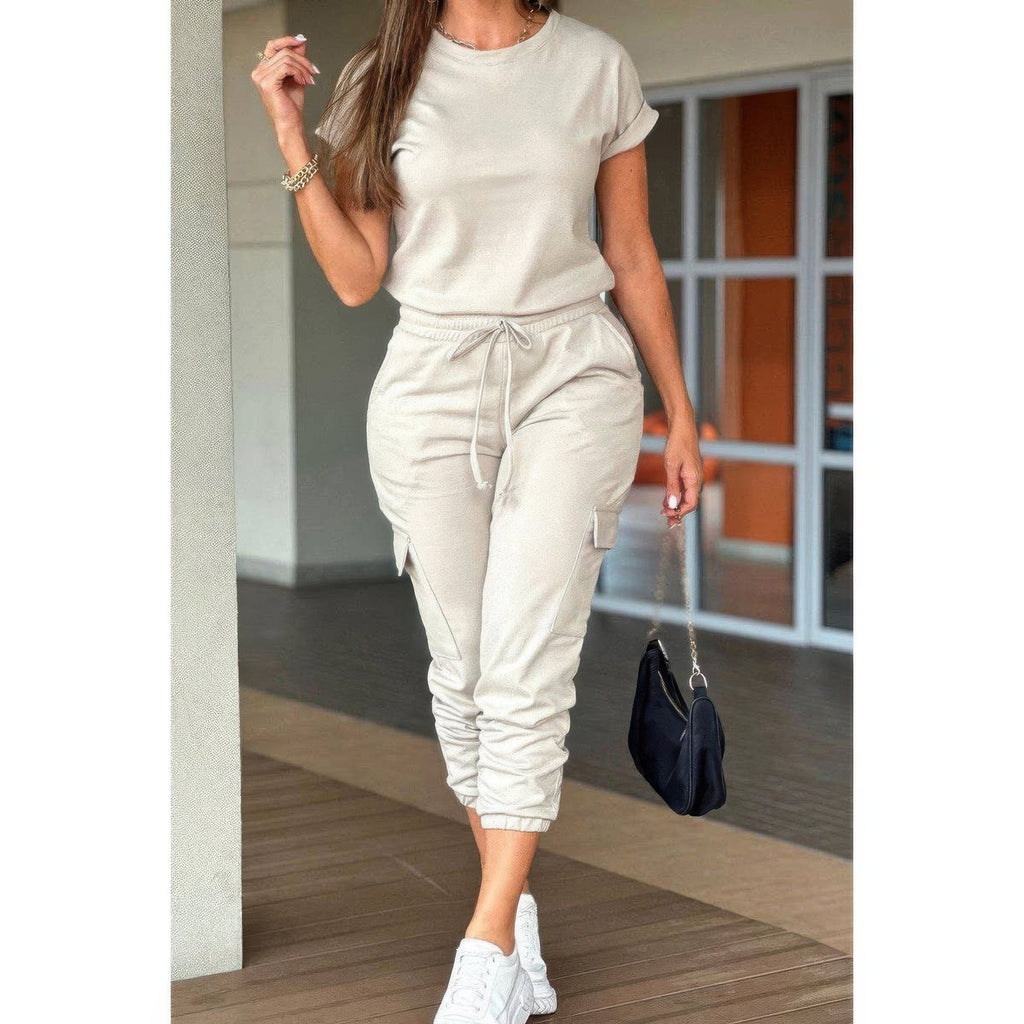 One Piece Solid Round Neck Shirt Drawstring Jumpsuit THRIXINE