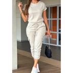One Piece Solid Round Neck Shirt Drawstring Jumpsuit THRIXINE