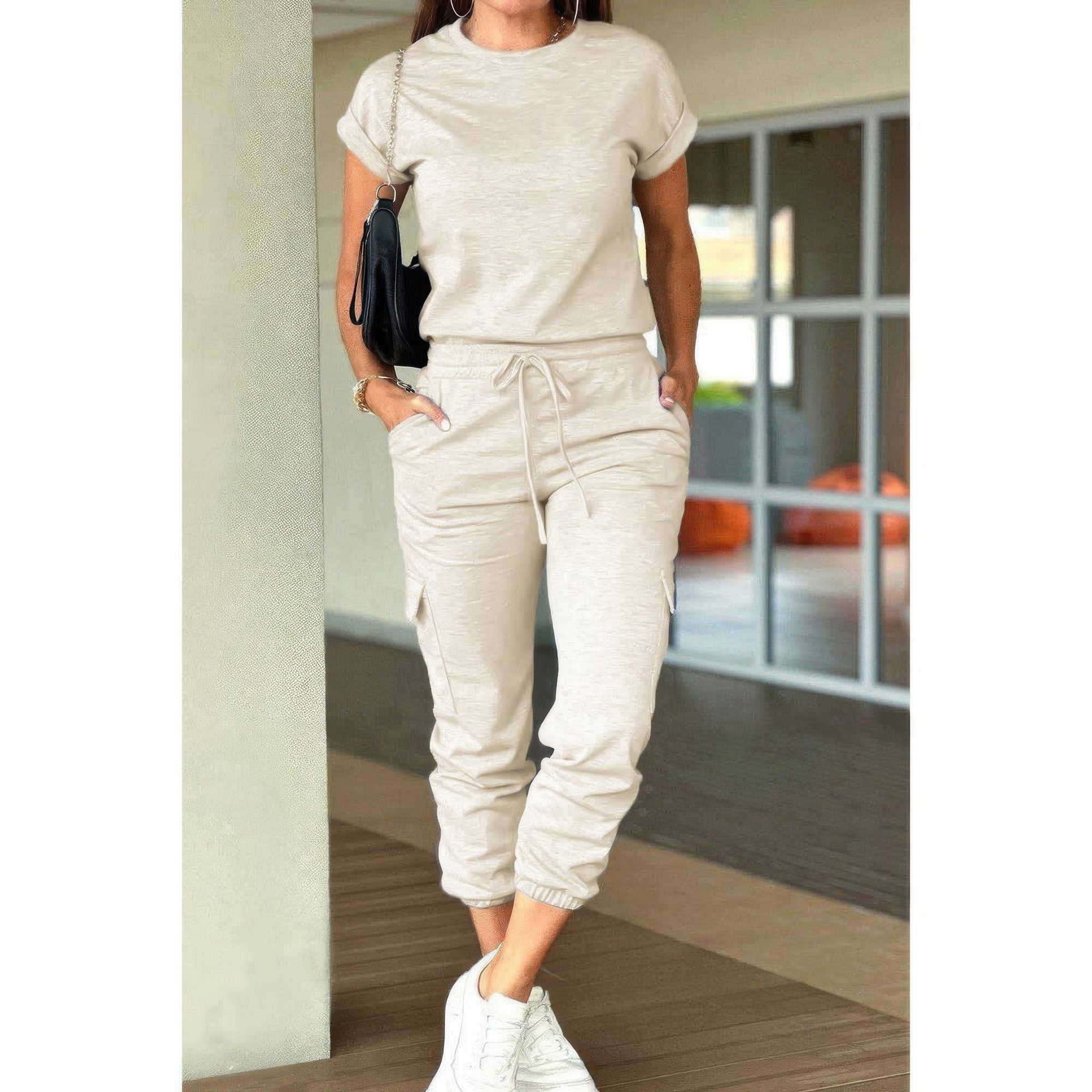 One Piece Solid Round Neck Shirt Drawstring Jumpsuit THRIXINE