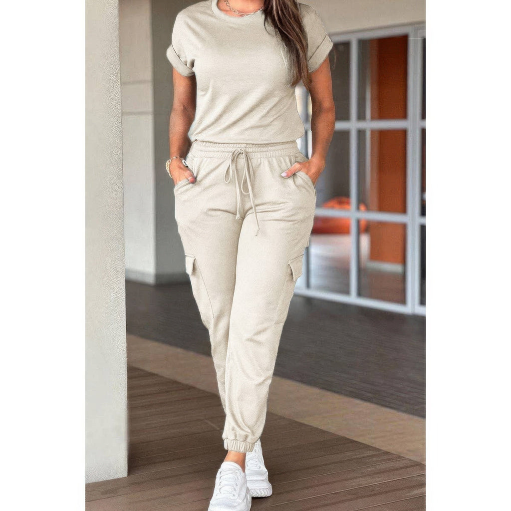 One Piece Solid Round Neck Shirt Drawstring Jumpsuit THRIXINE