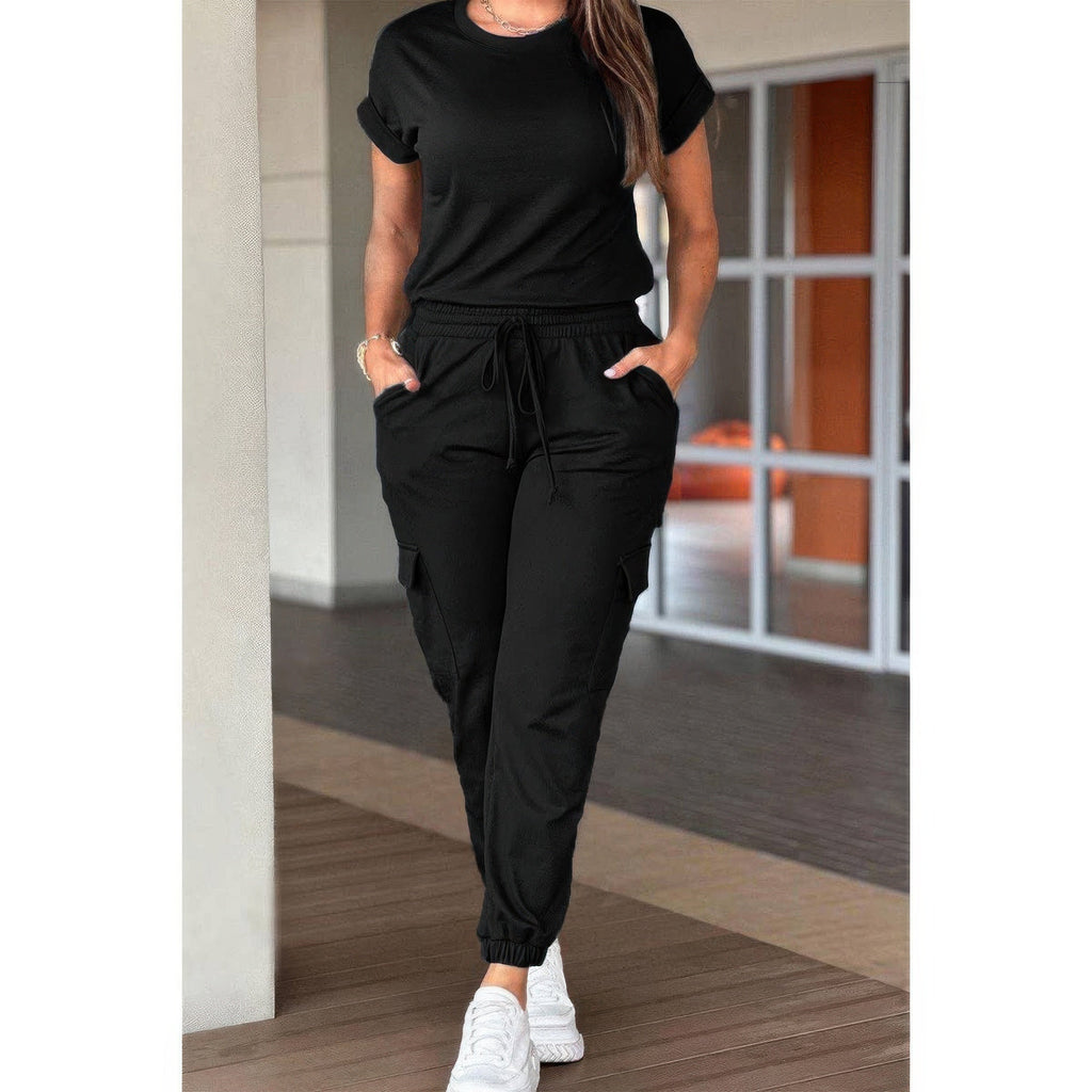 One Piece Solid Round Neck Shirt Drawstring Jumpsuit THRIXINE