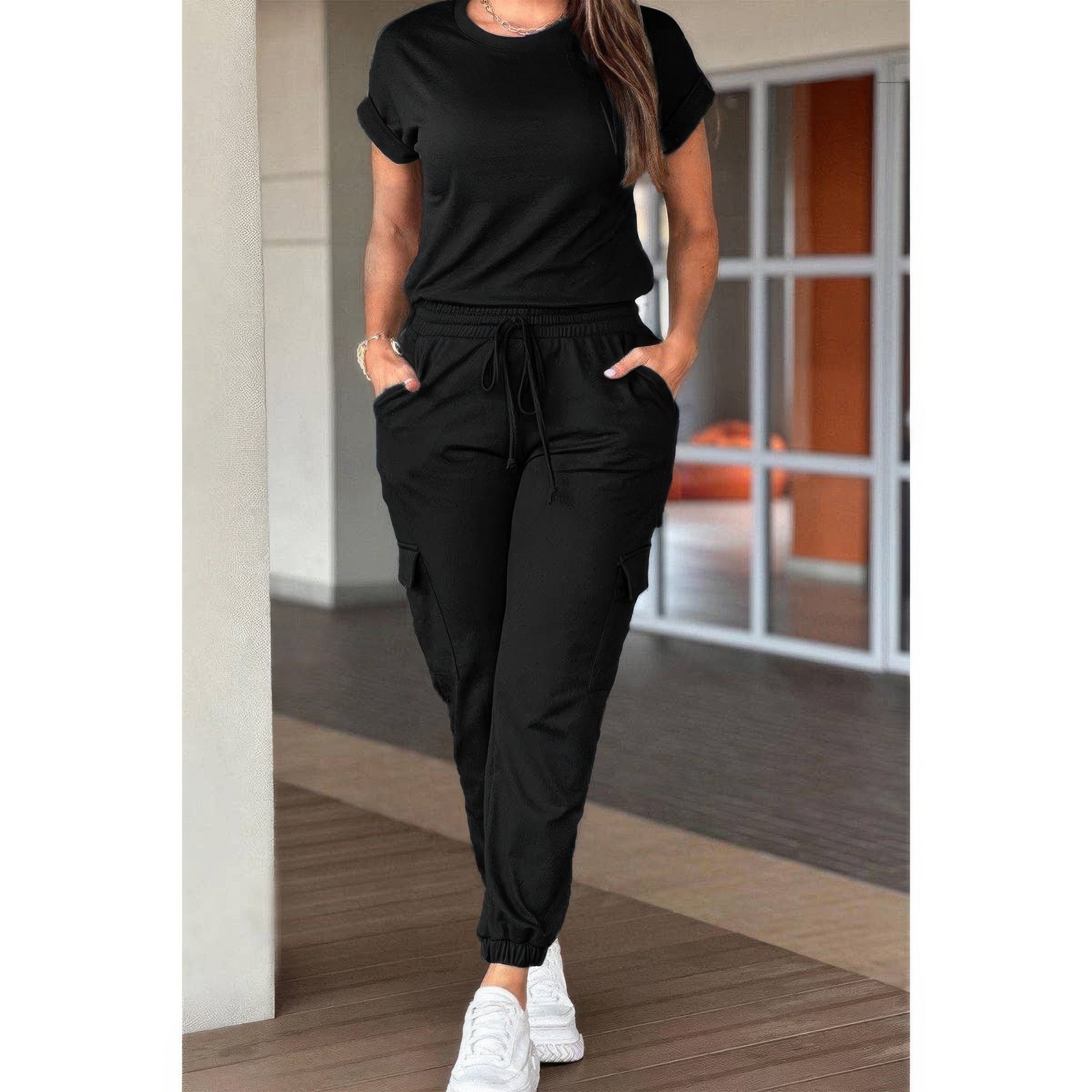 One Piece Solid Round Neck Shirt Drawstring Jumpsuit THRIXINE