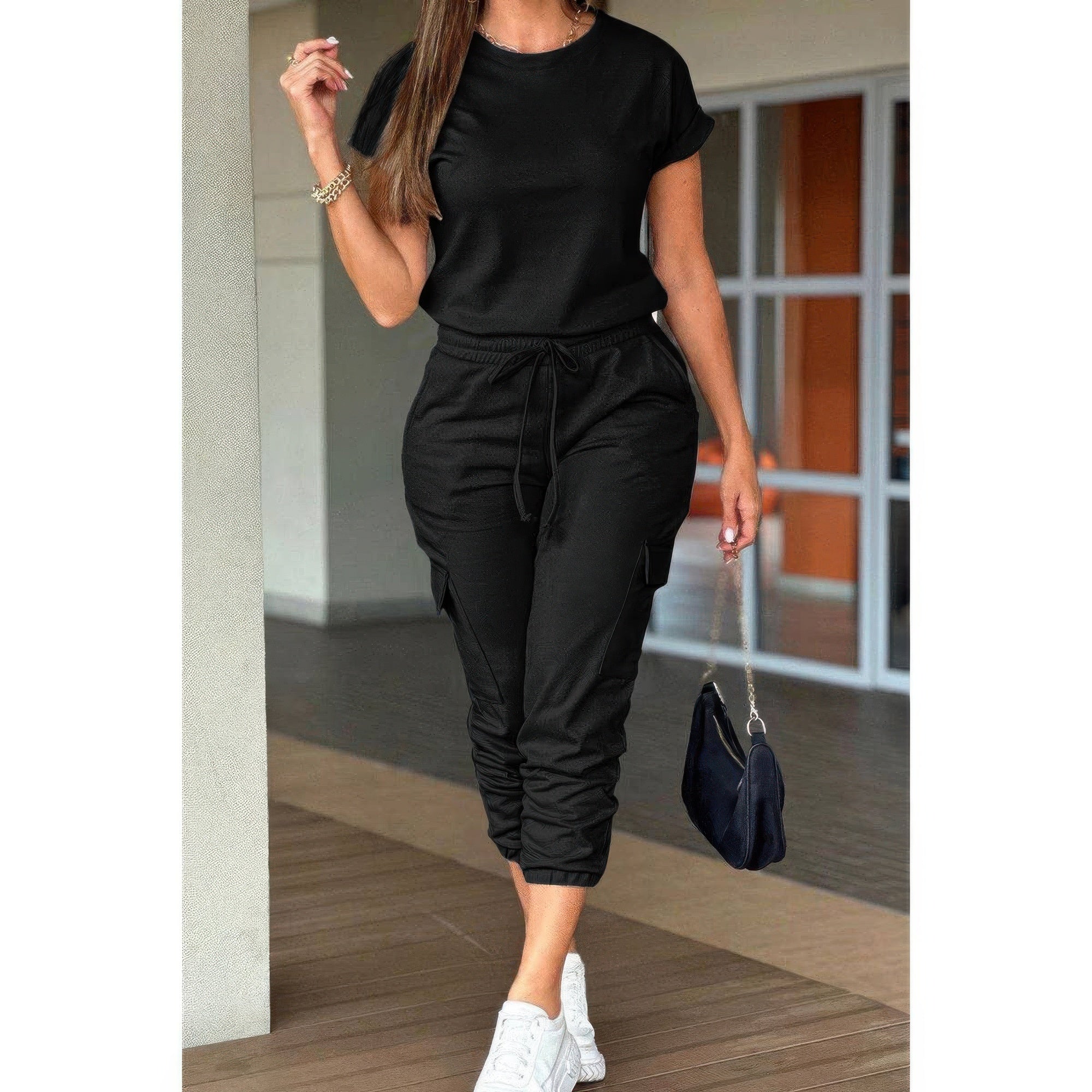 One Piece Solid Round Neck Shirt Drawstring Jumpsuit THRIXINE