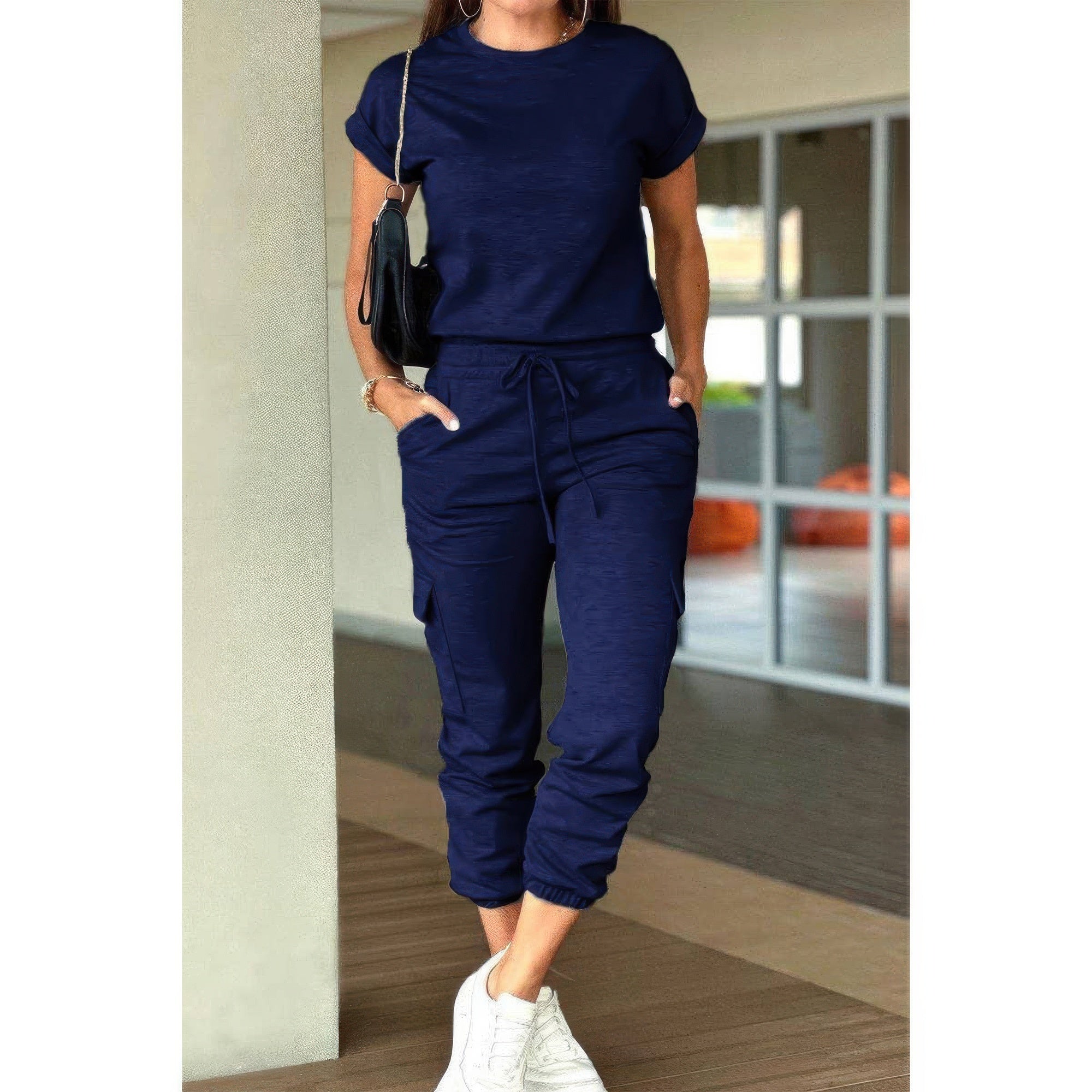 One Piece Solid Round Neck Shirt Drawstring Jumpsuit THRIXINE