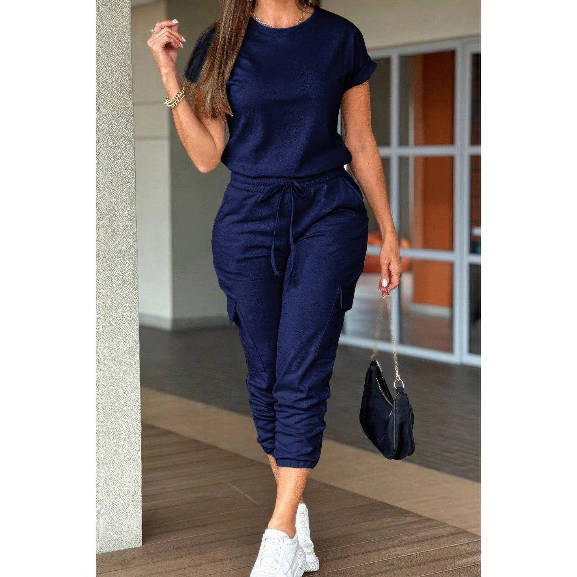 One Piece Solid Round Neck Shirt Drawstring Jumpsuit THRIXINE