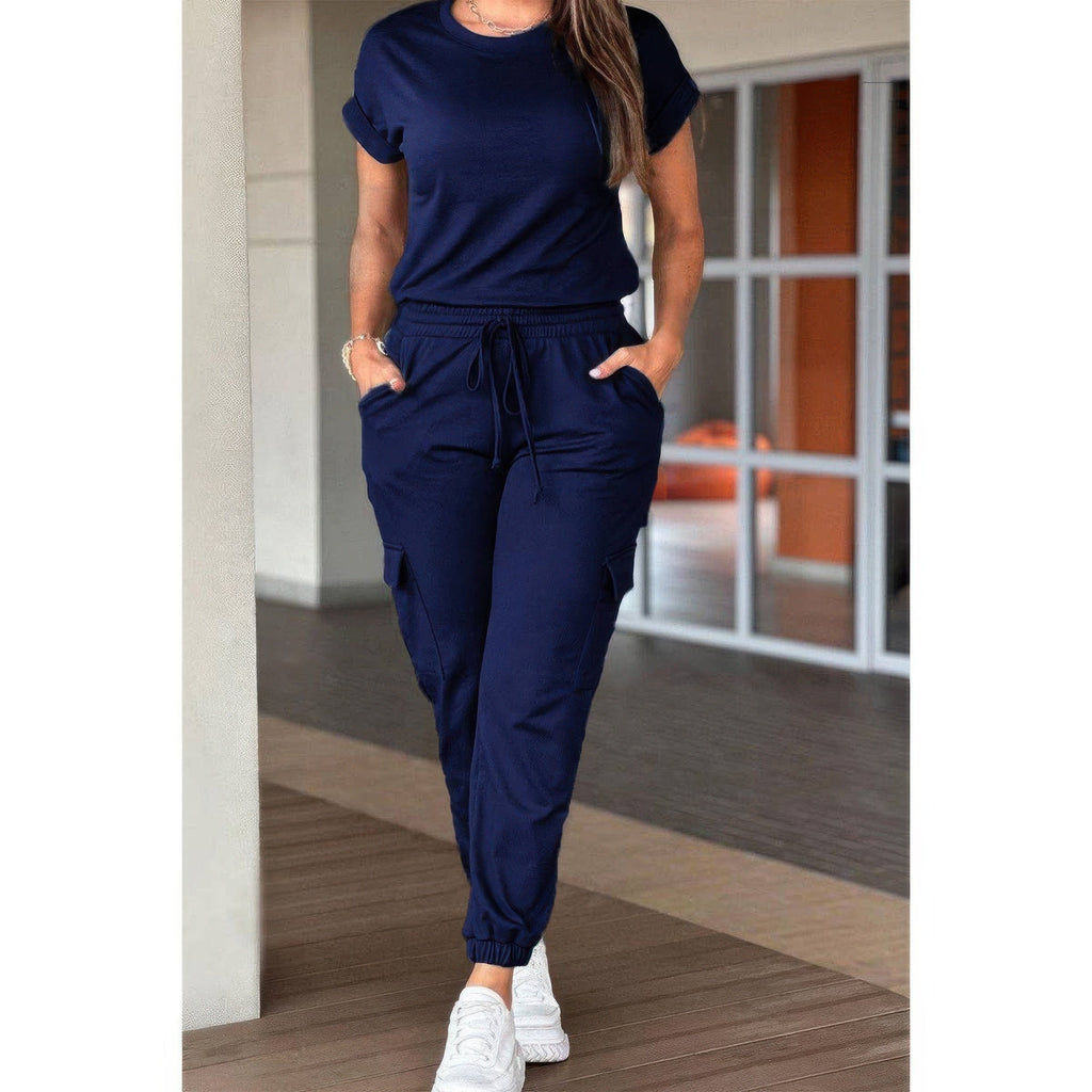 One Piece Solid Round Neck Shirt Drawstring Jumpsuit THRIXINE