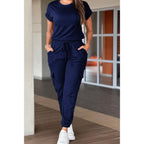 One Piece Solid Round Neck Shirt Drawstring Jumpsuit THRIXINE