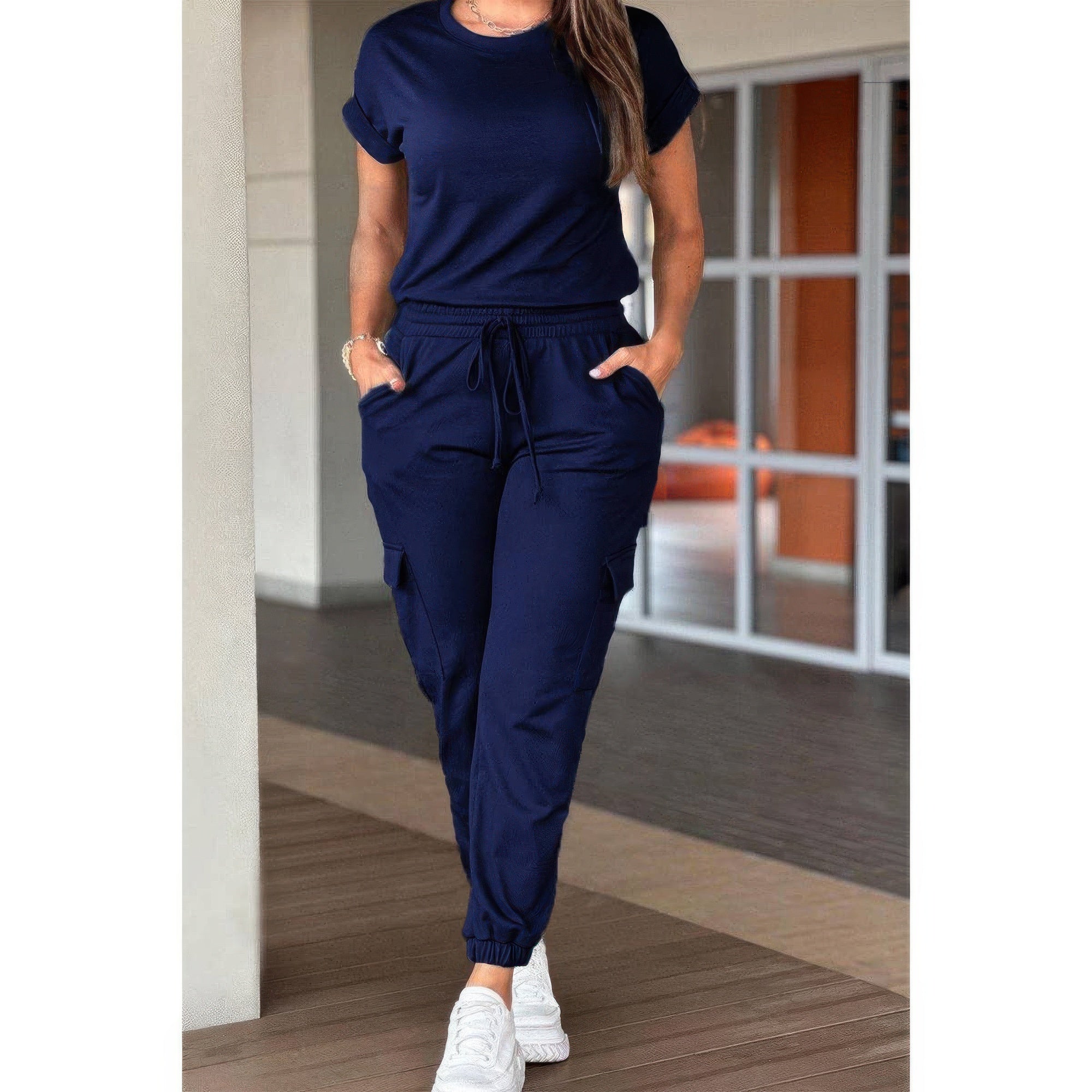 One Piece Solid Round Neck Shirt Drawstring Jumpsuit THRIXINE