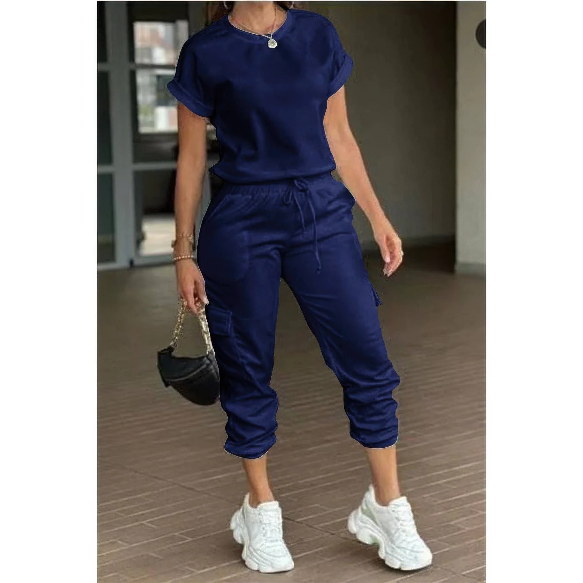 One Piece Solid Round Neck Shirt Drawstring Jumpsuit THRIXINE